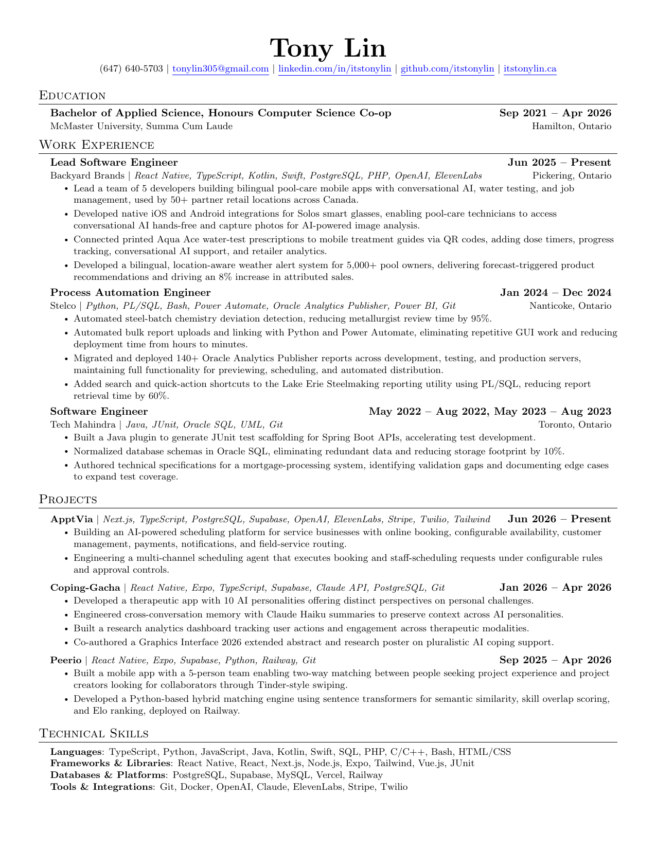 Tony Lin's resume